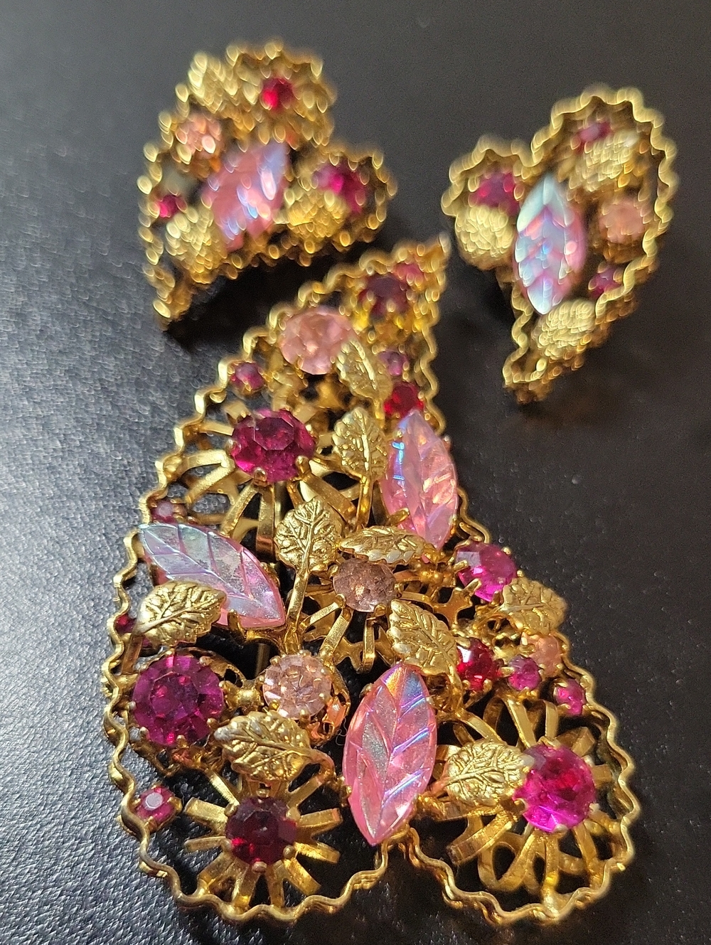 Gold-Tone Floral Pink Crystal Brooch and Earring Set